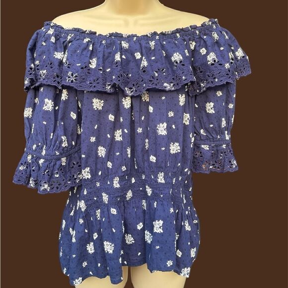 Universal Thread Peplum Blouse Womens Blue White Floral Short Sleeve Top - Picture 1 of 5